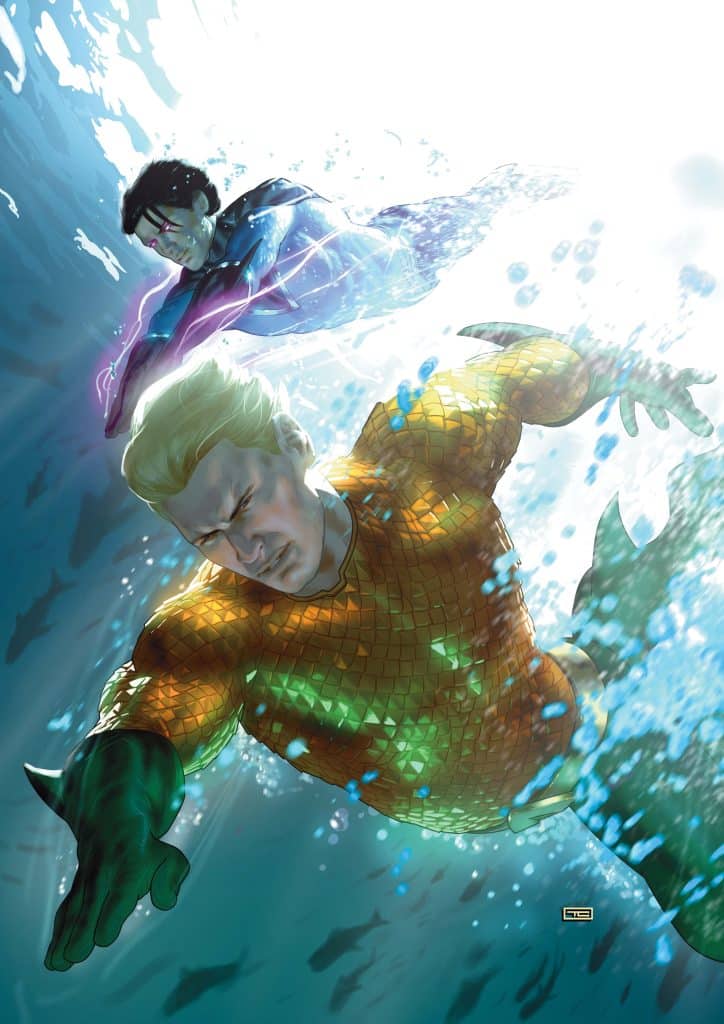 Aquaman and another figure swimming underwater in a dynamic pose, surrounded by bubbles and light.