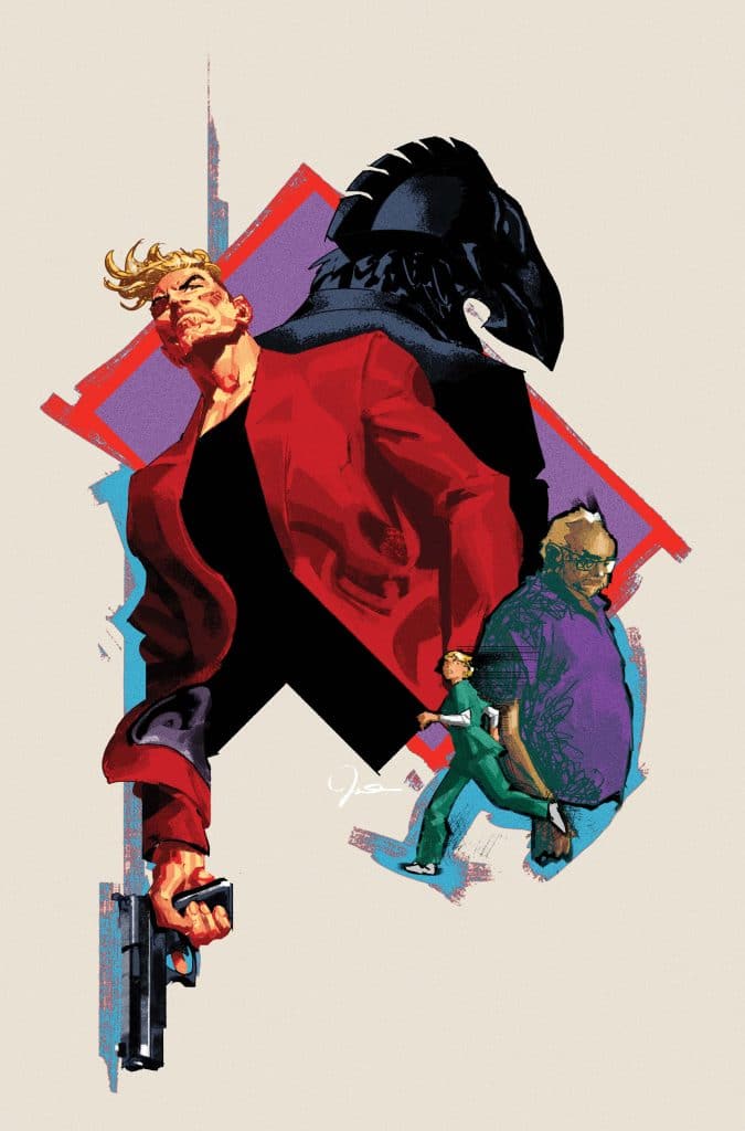 An illustrated scene featuring a muscular man holding a gun, dressed in a red jacket, alongside dark figures in the background. The artwork incorporates bold colors and geometric shapes.