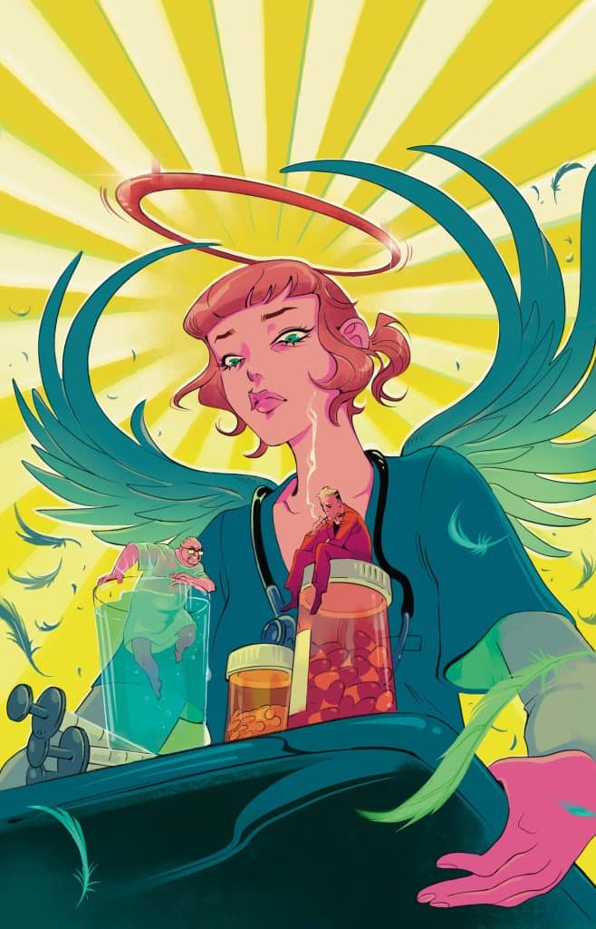 Illustration of a nurse with angelic features, including wings and a halo, surrounded by colorful jars containing tiny figures, set against a vibrant yellow background with rays of light.