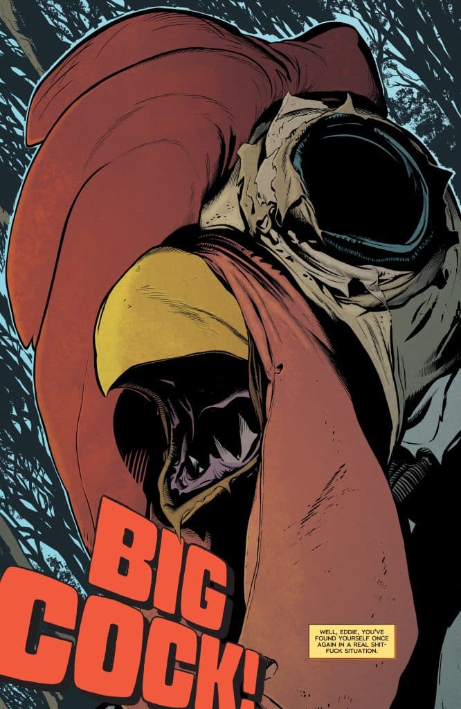 A stylized comic book illustration of a character with a large chicken head and a dramatic expression, featuring bold text that reads 'BIG COCK!'
