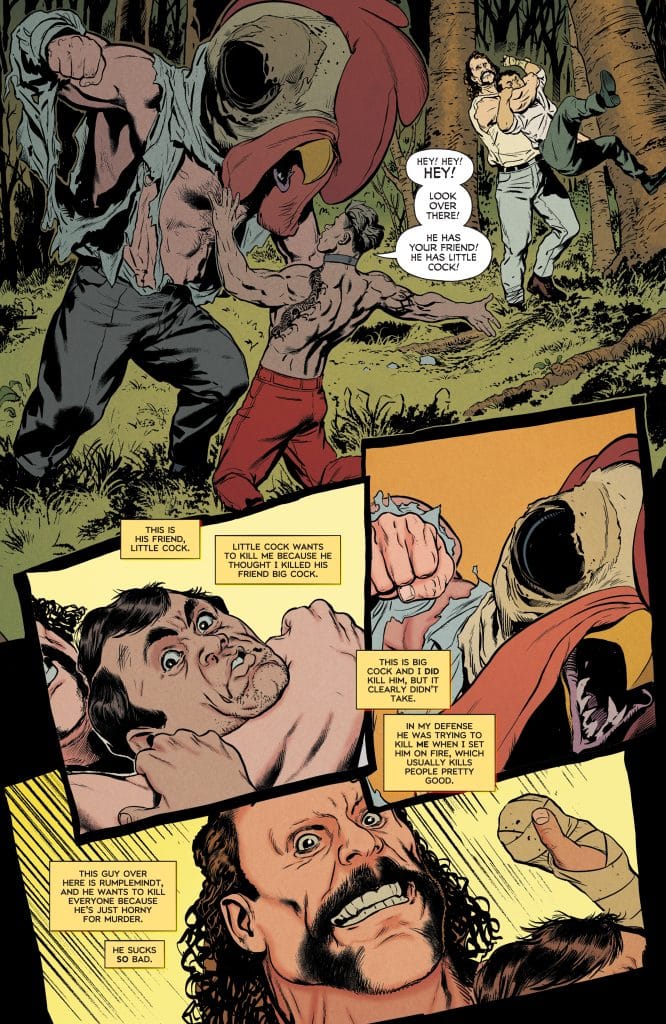 A comic book panel depicting an intense scene with two characters fighting in a forest. One character, wearing a large rooster head, is about to punch another character. Another character in the background is holding a distressed figure. Text bubbles highlight their dialogue, adding humorous context to the confrontation.