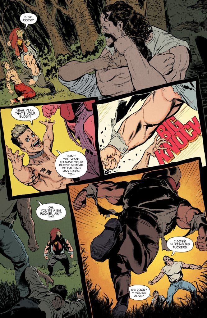 A comic book panel showing a humorous confrontation between muscular characters in a forest setting, with one character wearing a turkey costume and several speech bubbles containing comedic dialogue.