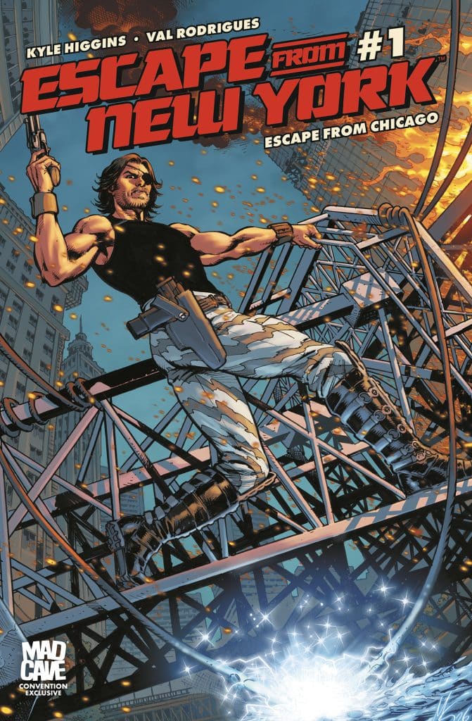 Cover of the comic 'Escape from New York #1', featuring a muscular man with long hair holding a gun while standing on a collapsing bridge above a cityscape with flames and debris in the background.