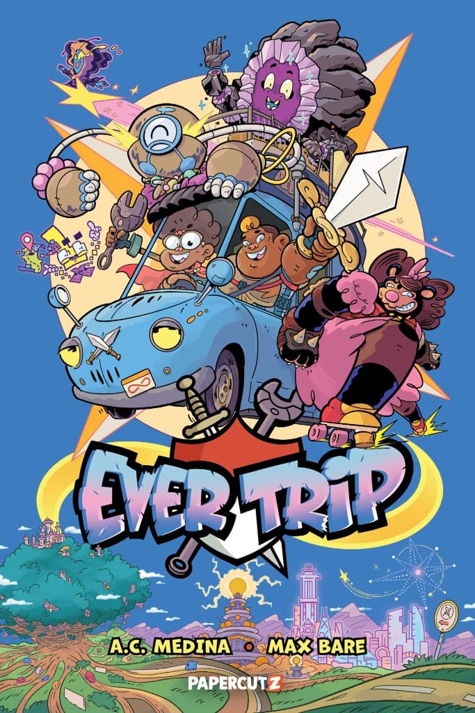Colorful comic book cover for 'Ever Trip' featuring diverse characters in a blue van, surrounded by whimsical elements like lightning bolts, trees, and fantastical landscapes.
