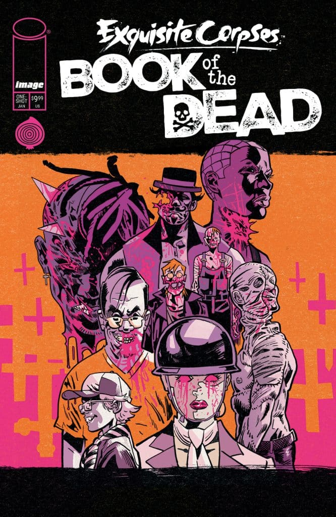 Cover of 'Exquisite Corpses: Book of the Dead' comic featuring multiple stylized characters in a colorful, horror-themed design with a skull icon.