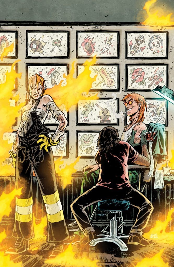 A dynamic comic-style scene featuring a woman with bandages and fiery hair standing confidently next to a tattoo artist in a chaotic setting with flames and tattoo designs in the background.