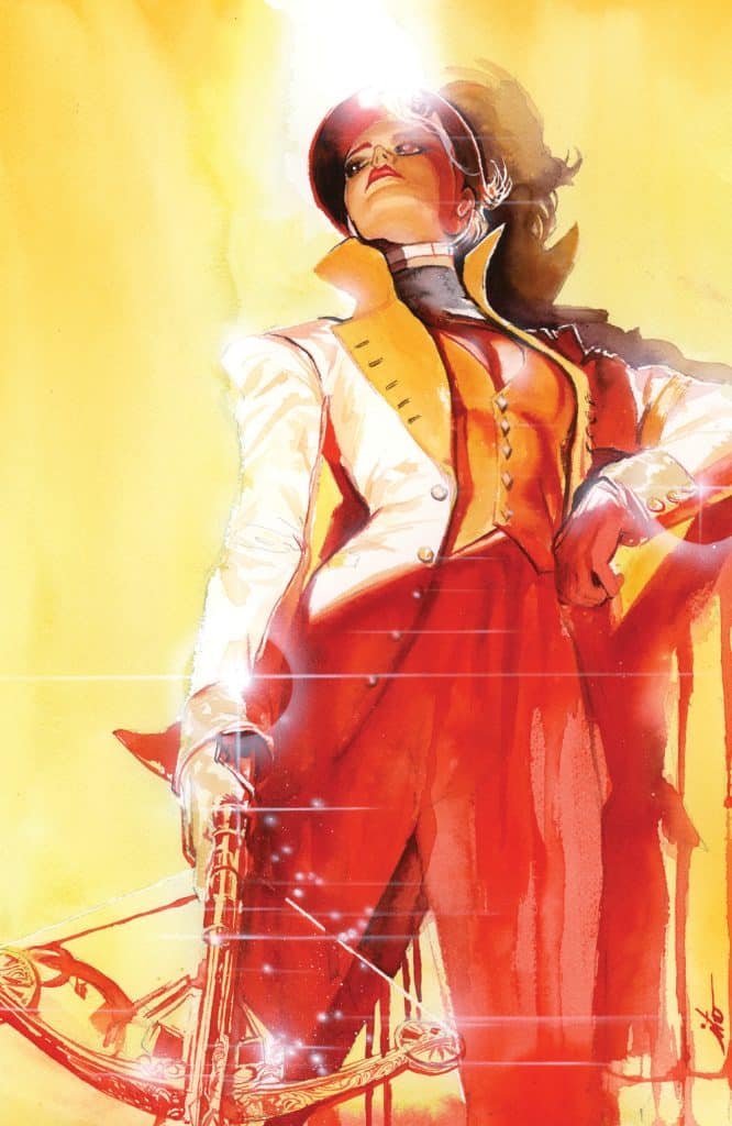 A confident woman dressed in a stylish white and orange ensemble with a hat, holding a crossbow in a dynamic pose against a bright yellow and orange abstract background.