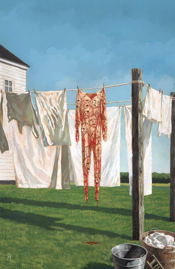 A graphic depiction of a bloody garment hanging among white laundry on a clothesline in a green yard, with a blue sky overhead.