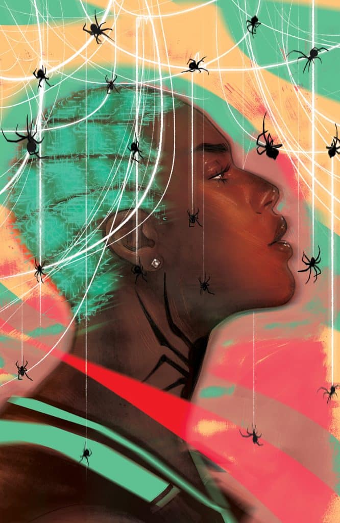 A profile illustration of a person with stylish hair and an abstract background featuring colorful geometric patterns and multiple spiders hanging from webs.