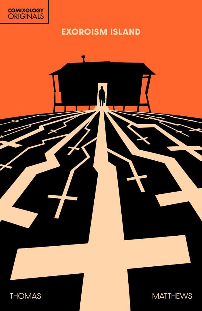 A minimalist poster for 'Exorcism Island' featuring a black silhouette of a house and a figure standing in the doorway on a bold orange background, with a stylized path of crosses leading toward the house.