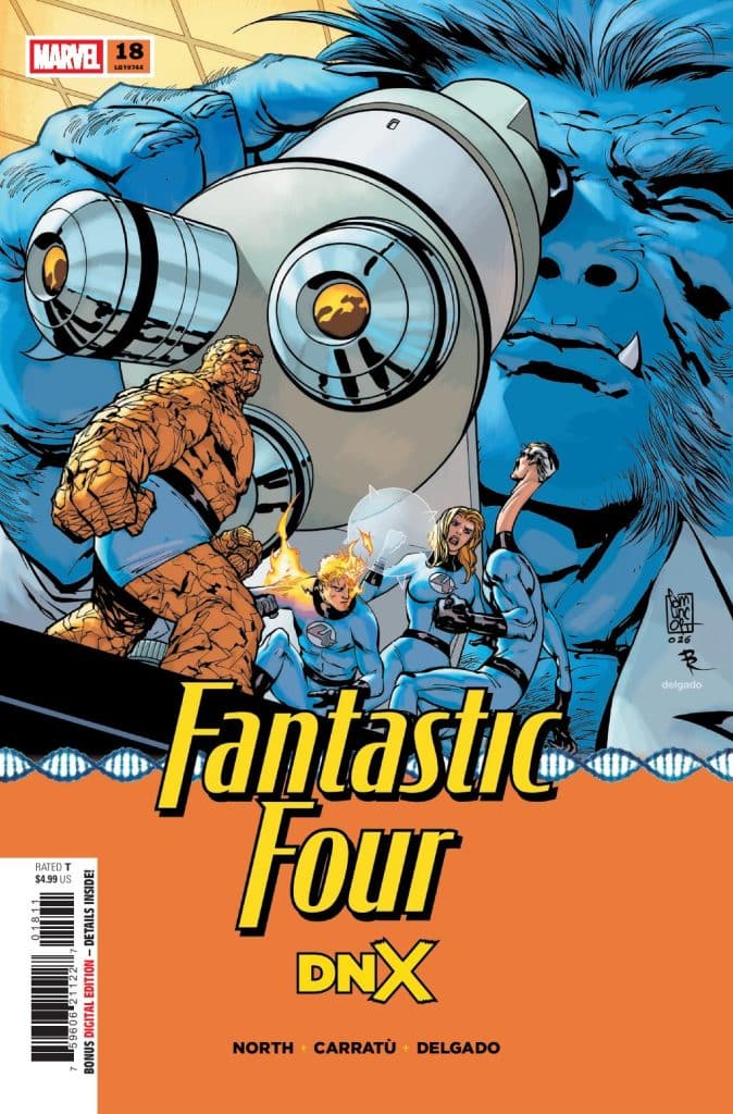 Cover art of Marvel's Fantastic Four issue 18 featuring the characters including the Thing and Human Torch, alongside a large blue monster holding a futuristic device.