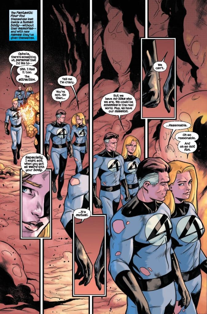 A panel from a comic featuring the Fantastic Four discussing their situation inside a human body, with four members depicted in blue and black suits. They are shown in conversation, expressing concerns and emotions, with a focus on their hands reaching out.