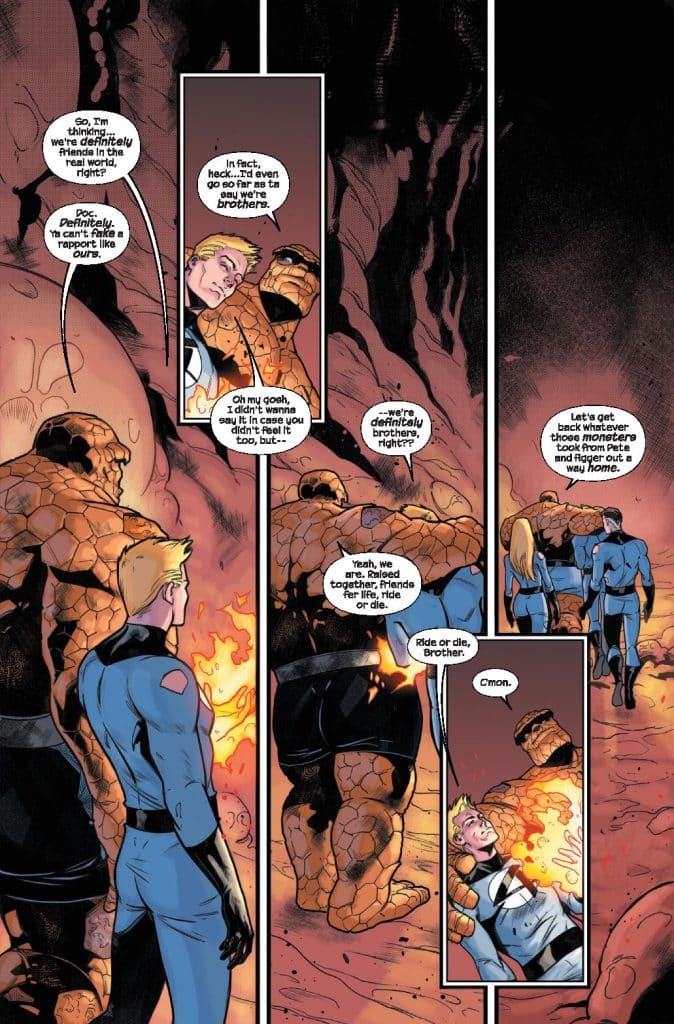 A comic book scene featuring characters in a rocky, dark environment. Two characters, one in a blue suit and the other a rocky figure, are having a friendly conversation about their bond. The atmosphere suggests camaraderie and teamwork.