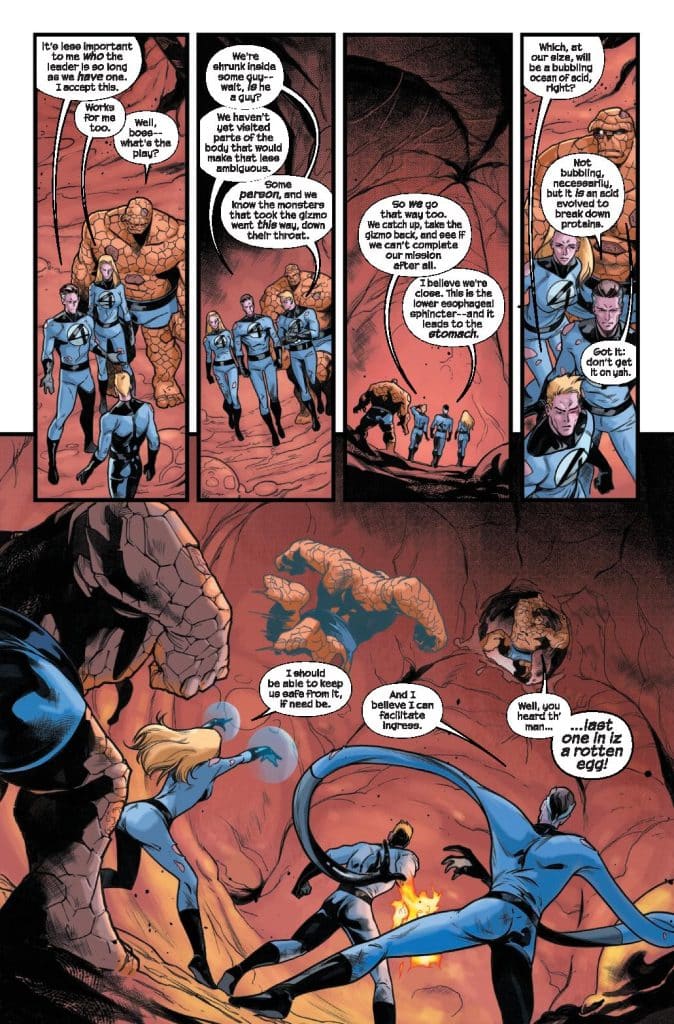 A comic book panel featuring superheroes in blue costumes discussing their mission. The team includes characters with distinct abilities, standing in a cave-like environment. Dialogue highlights their plan to retrieve a captured item while navigating through an unusual setting.