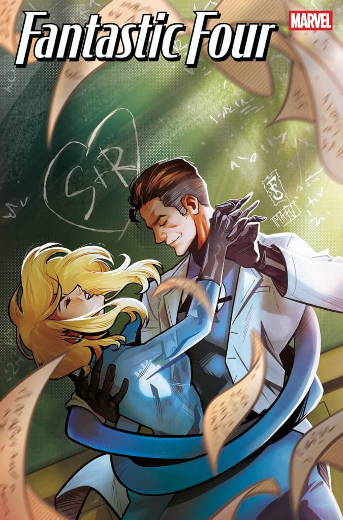 A romantic scene featuring two characters from the Fantastic Four, embracing each other amidst floating pieces of paper and equations in a lab setting.