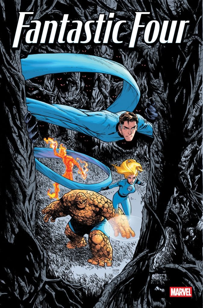 The cover of a comic book featuring the Fantastic Four, showcasing four characters: a man in blue stretching, a woman in blue with blonde hair, a man made of rock, and a figure surrounded by flame, set against a dark, shadowy background.
