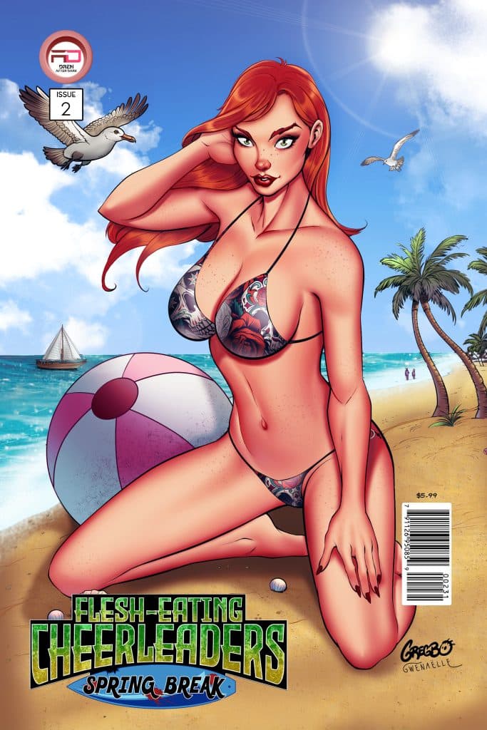A colorful comic book cover featuring a red-haired woman in a bikini kneeling on the beach next to a beach ball, with palm trees, ocean, and a sailboat in the background, titled 'Flesh-Eating Cheerleaders: Spring Break.'
