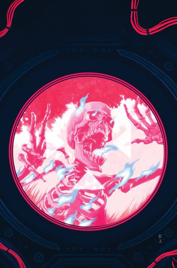 A vibrant illustration of a skeleton in a pink and blue color scheme, with arms reaching outward and a distressed expression, set against a dark circular background.