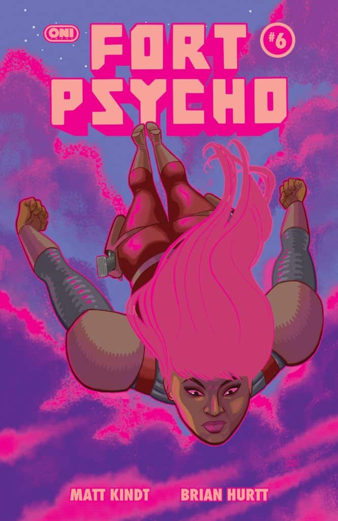 Cover of 'Fort Psycho' issue #6 featuring a character with pink hair and muscular arms, soaring through a vibrant pink and purple background.