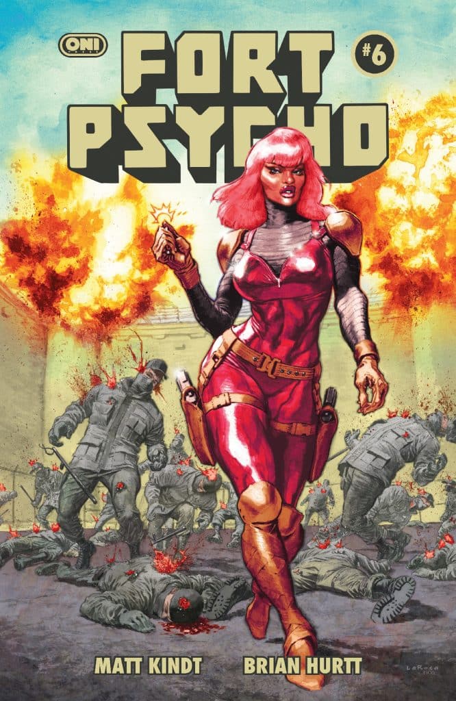 Cover of 'Fort Psycho' #6 featuring a woman with pink hair in a red outfit, surrounded by chaos and explosions, as she walks past fallen soldiers.