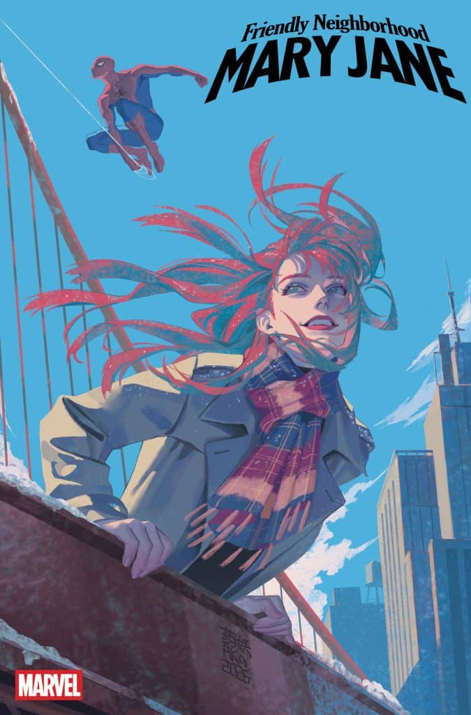 A stylized comic book cover featuring Mary Jane Watson with flowing red hair, wearing a scarf and a coat, standing on a bridge with a city skyline in the background. Spider-Man is seen swinging in the air above her.