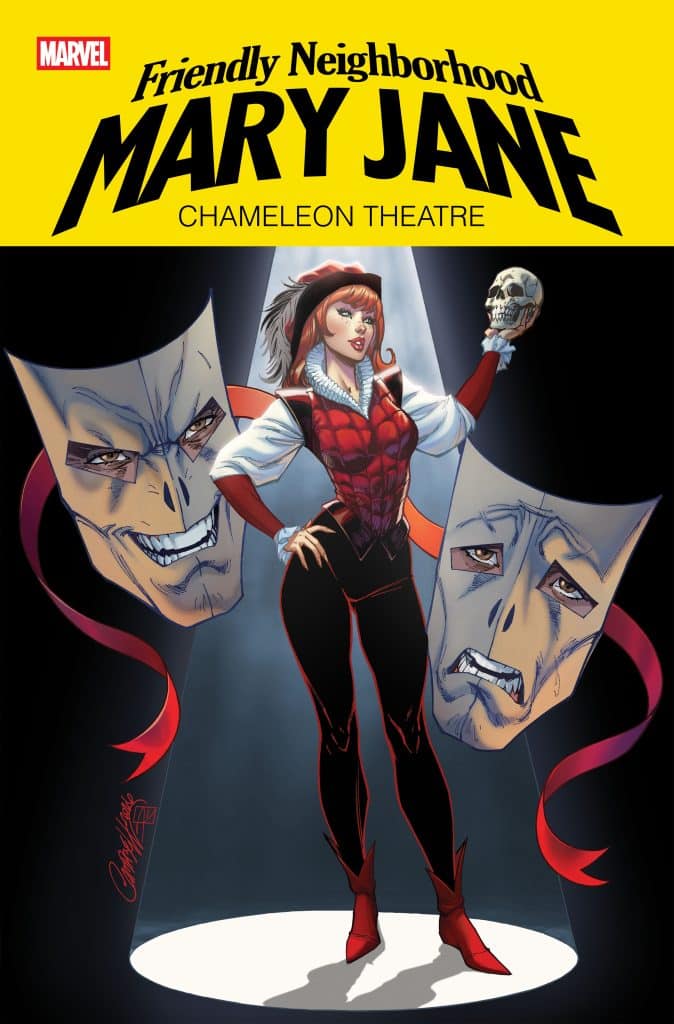 Comic book cover featuring a character named Mary Jane in a theatrical pose, holding a skull, with two dramatic masks in the background.