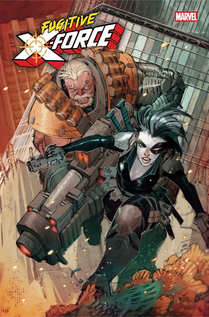 Cover of 'Fugitive X-Force' featuring two characters in action. One character, a muscular man with gray hair and a large weapon, is in the background. The other character, a woman with black hair in a tactical outfit, is in the foreground, running forward. The title is prominently displayed at the top.
