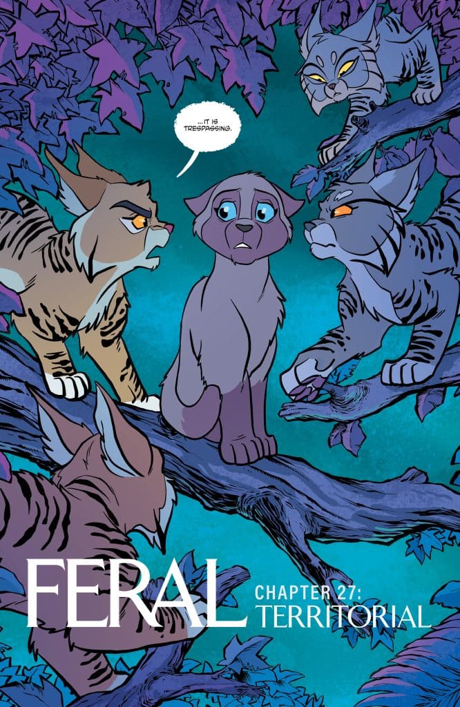 A group of cartoon animals, including a nervous gray dog surrounded by four lynxes, are perched on branches with purple leaves. The gray dog is saying, '... it is trespassing.' The title reads 'FERAL Chapter 27: Territorial.'