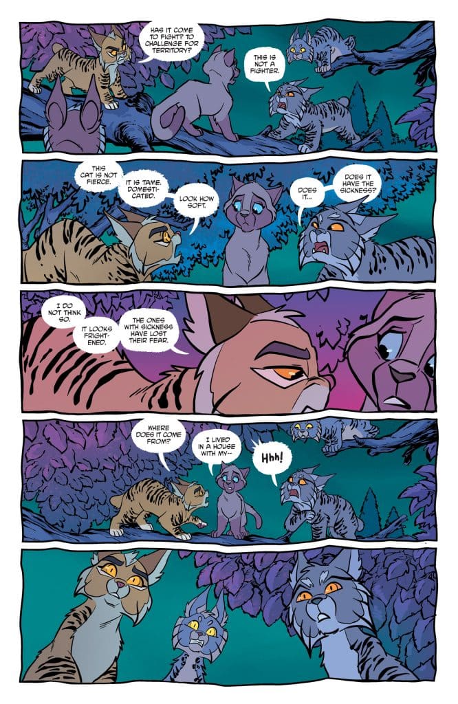 A comic panel featuring several cartoon cats conversing about a newcomer. One cat questions if the new cat is fierce, while others comment on its domesticated nature and appearance. The dialogue hints at concerns about illness and territory.