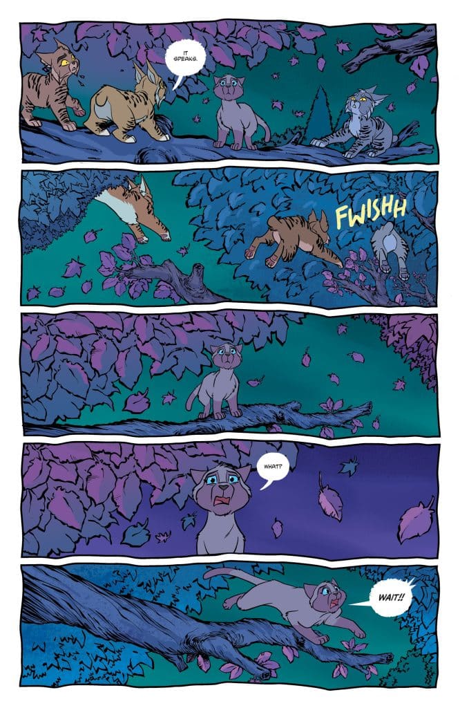 A comic panel featuring several cats of different colors and expressions interacting on tree branches at night, with speech bubbles conveying dialogue.