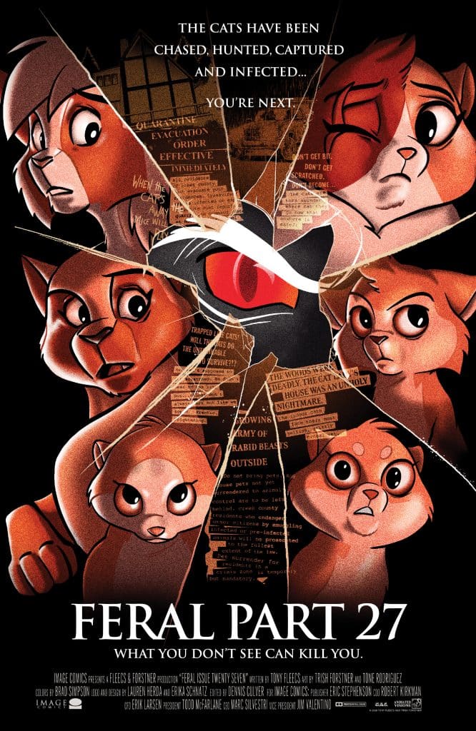 A movie poster for 'Feral Part 27' featuring animated cats with expressions of fear and concern, surrounded by pieces of shattered glass and ominous text regarding danger and infection.