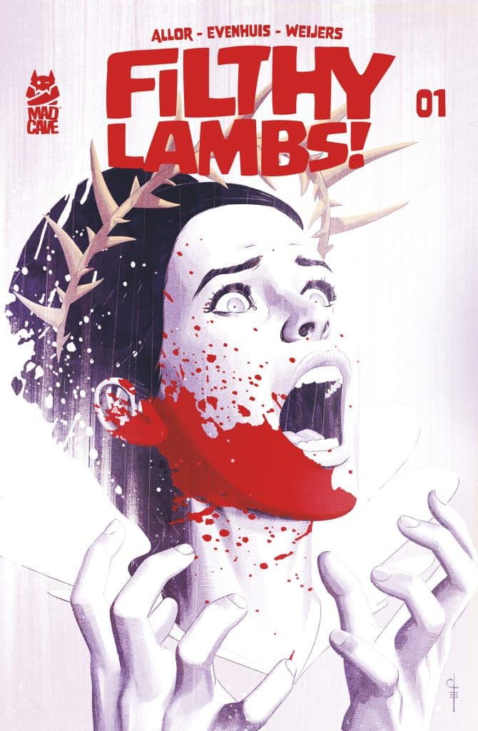 Cover art for 'Filthy Lambs!' comic book, featuring a distressed woman with blood on her face, surrounded by dark imagery and striking colors.