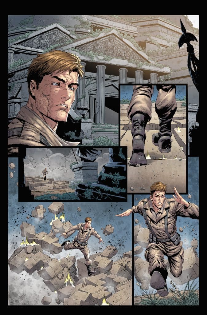 A comic book panel depicting a man with short blonde hair, wearing a light-colored shirt, looking tense as he runs across a chaotic landscape filled with falling debris and explosions. The background features an ancient building with classical architecture.