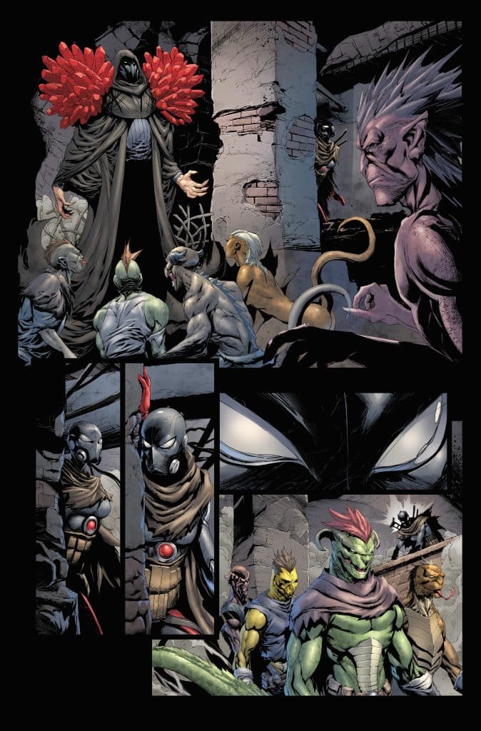A dark, atmospheric comic panel depicting a cloaked figure with red accents addressing a group of varied humanoid creatures in a rundown setting. The creatures display expressions of intrigue and concern, while the background features broken walls and shadows.
