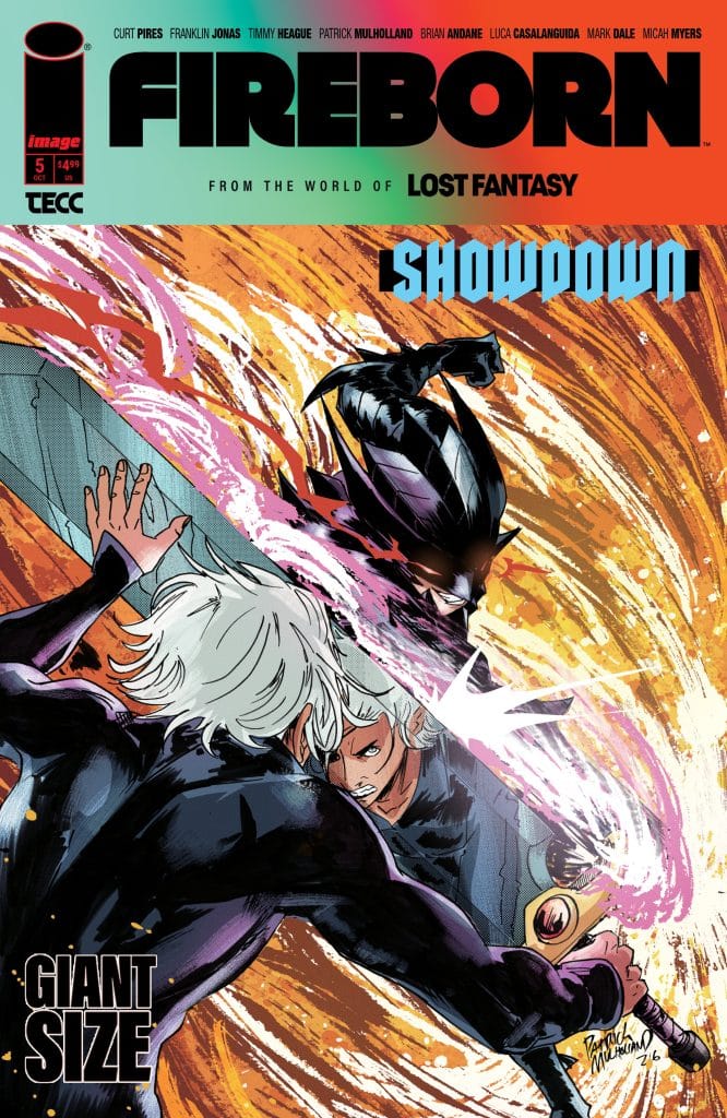 Comic book cover featuring two characters in a dynamic action pose, with vibrant energy effects surrounding them. The title 'FIREBORN' and the word 'SHOWDOWN' are prominently displayed.