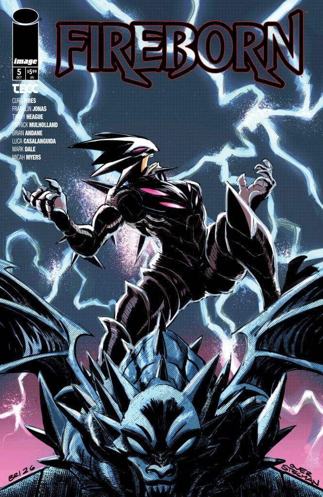 Cover of 'Fireborn' comic issue 5 featuring a character in a dark suit with lightning in the background and a menacing creature beneath.