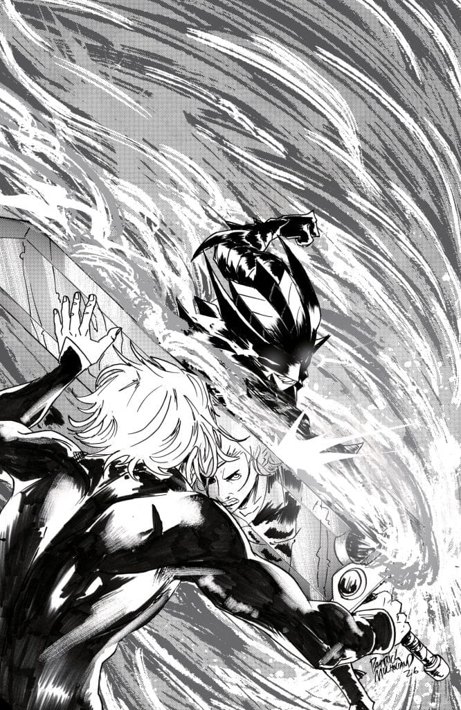 A dynamic black and white illustration of two characters engaged in a fierce battle, with one character wielding a sword and the other appearing to unleash a powerful attack. The scene is filled with swirling energy effects, conveying motion and intensity.