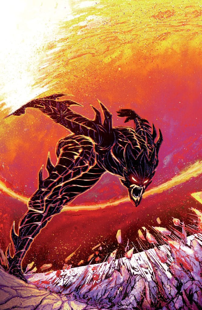 A dynamic comic book illustration of a dark, winged figure soaring against a vibrant sunset backdrop, surrounded by erupting debris and vivid colors.