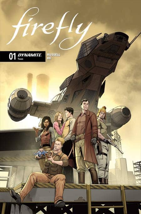 Cover of the comic book 'Firefly' featuring the main characters standing in front of the spaceship Serenity, with an industrial background.