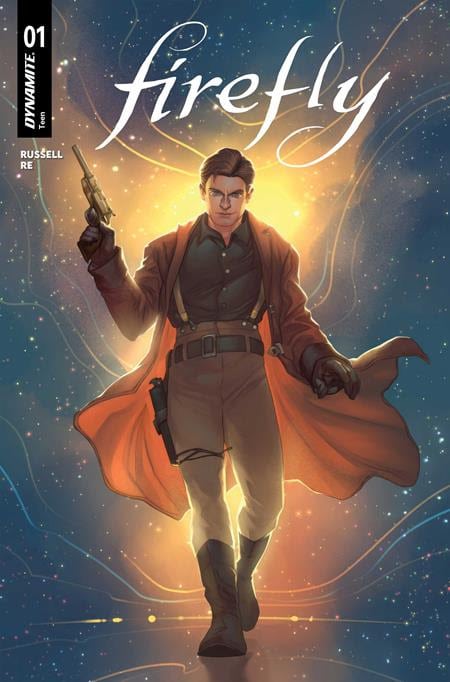 A digital illustration of a character from the comic series 'Firefly', featuring a young man in a long coat holding a pistol, set against a starry background.