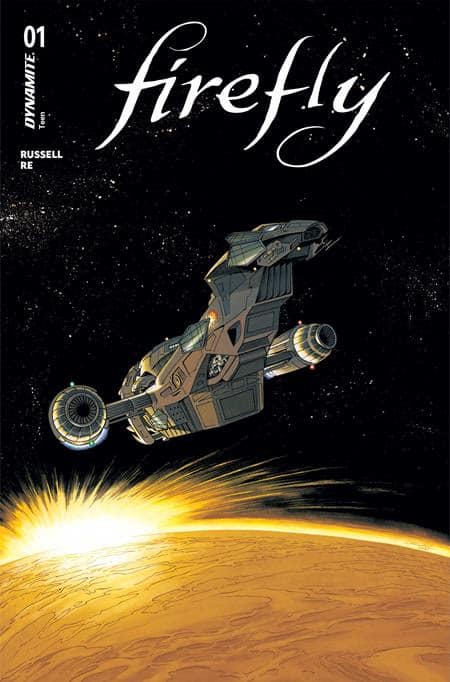 Cover of the comic book 'Firefly' featuring a spaceship soaring above a glowing planetary horizon in a starry background.