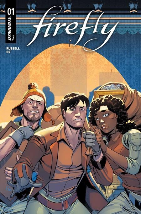 Comic book cover for 'Firefly' featuring three characters: a man in a brown jacket at the center, a man on the left with a hat and a serious expression, and a woman on the right with curly hair and an intense look, set against a colorful backdrop.