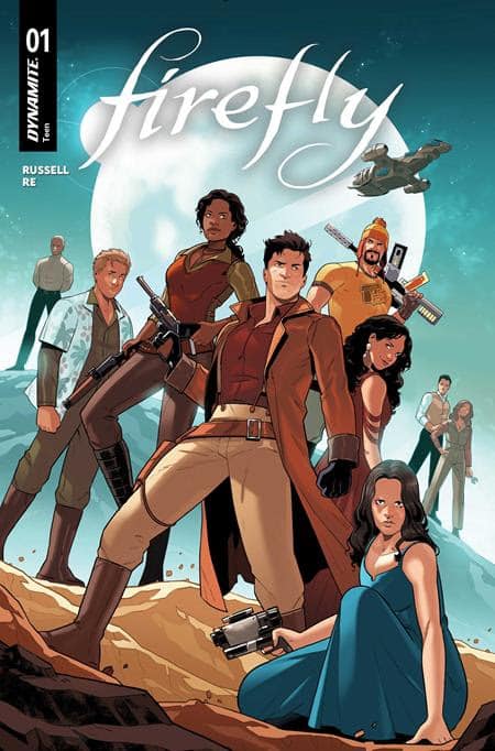 Comic book cover featuring a group of characters from the 'Firefly' series, standing together on a desert landscape with a large moon in the background.