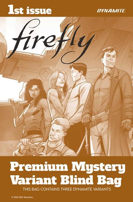 Cover of the first issue of 'Firefly' comic by Dynamite, featuring a group of characters in a sci-fi setting, with text indicating a premium mystery variant blind bag.