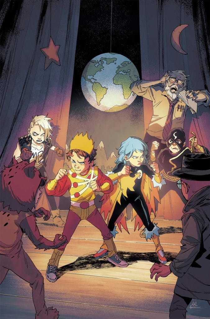 A group of diverse characters dressed in superhero costumes stands confidently on a stage under dramatic lighting, with a globe hanging above them. The characters display a range of expressions, suggesting they are preparing for a confrontation. In the background, an older man looks on intently while two shadowy figures lurk nearby.