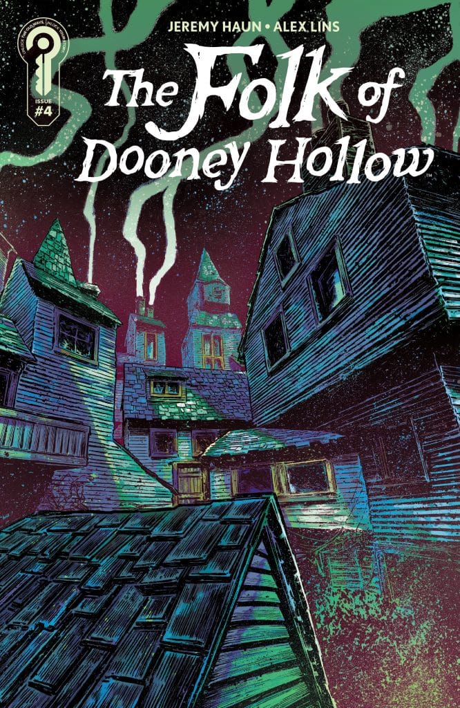 Cover illustration of 'The Folk of Dooney Hollow' Issue #4, featuring stylized dark houses under a night sky with colorful ethereal smoke.