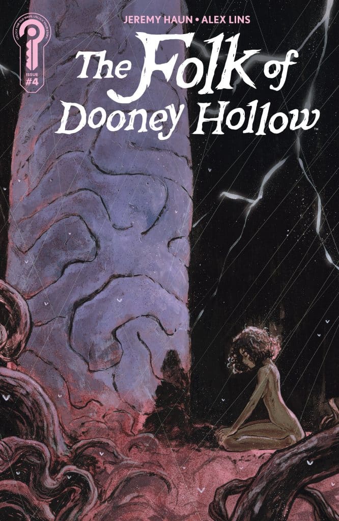 Cover of 'The Folk of Dooney Hollow' Issue #4 featuring a surreal, dark-toned illustration. A small figure, depicted as a child with curly hair, sits on the ground in a mysterious setting, surrounded by abstract rocks and swirling shapes, with shadows and highlights creating a haunting atmosphere.
