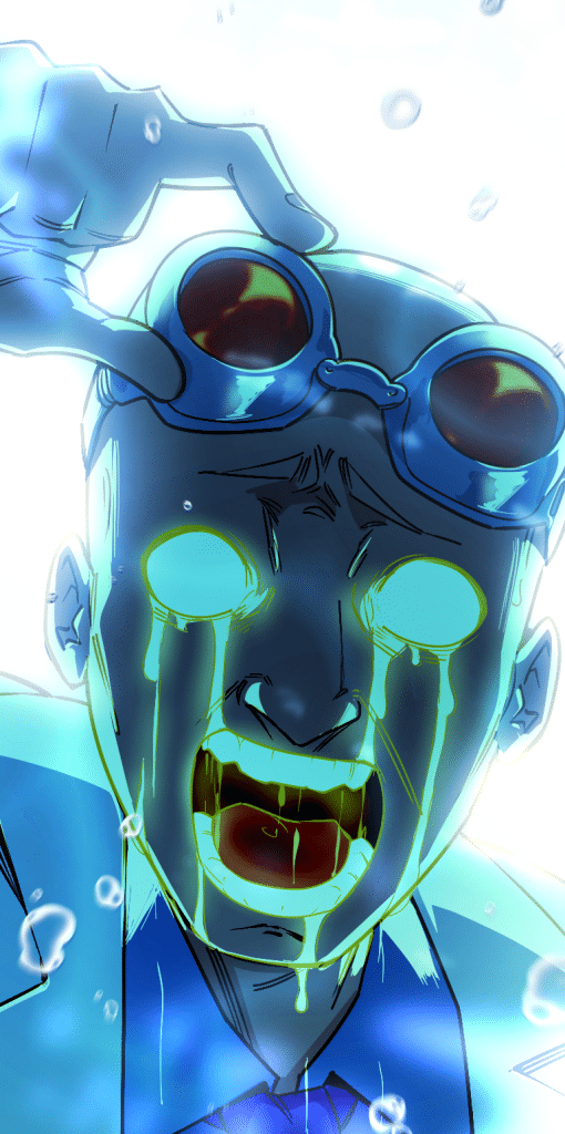 A shocked character with glowing eyes and a distressed expression, wearing goggles, amidst a watery background.