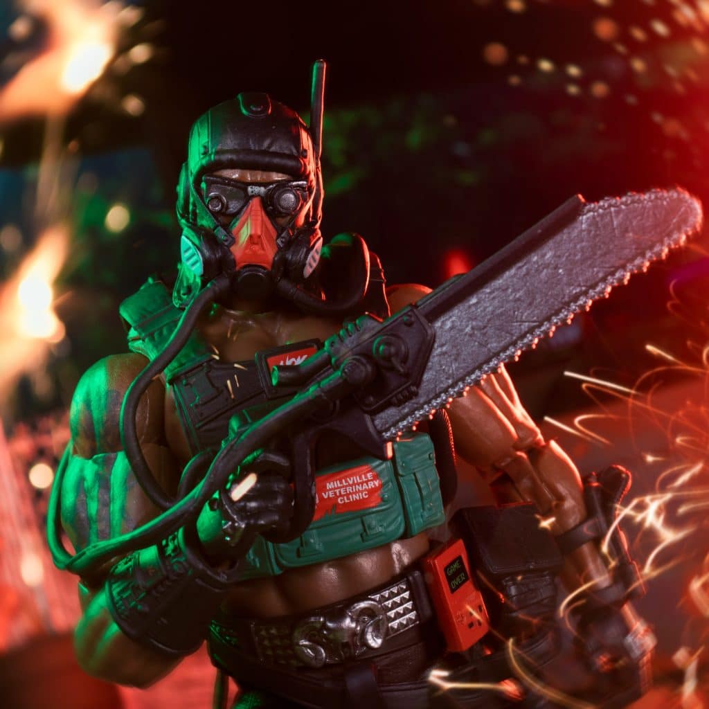 A detailed action figure wearing a gas mask, holding a chainsaw, with dynamic lighting effects in the background.
