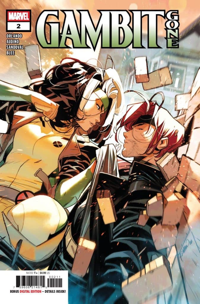 Cover of 'Gambit Gone' issue 2 featuring two characters facing each other amidst falling debris, with one character in a black coat and the other in a yellow and green outfit.